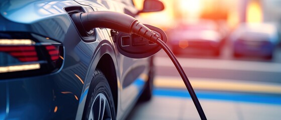 Fototapeta premium Charging an electric vehicle. A car is charging in a parking lot against the backdrop of the street