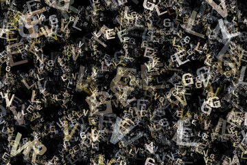 Random jumbled letters in multicolor on a black background