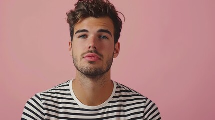Obraz premium a relaxed young man in a striped shirt against a soft pink background, suitable for showcasing text or promotional content.