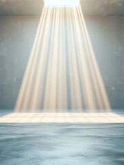 A serene landscape showcasing beams of light illuminating a calm, empty space, evoking feelings of peace and solitude.