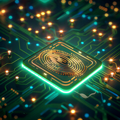 Fototapeta premium A vibrant microchip design showcasing intricate circuits and a glowing fingerprint motif, symbolizing technology and security.
