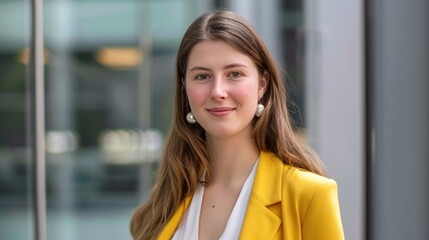 Professional woman in yellow blazer outdoor portrait.