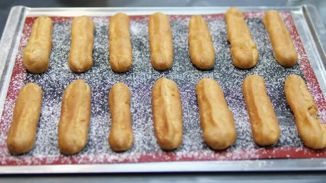bake eclairs Freshly Baked Eclairs Lined Up in Display at a Pastry Shop. Close-up view of fresh, golden eclairs filled with creamy custard, showcased in a pastry shop. Perfect for dessert enthusiasts.