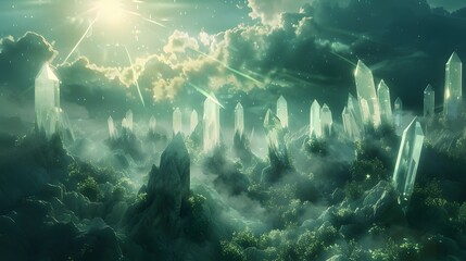 Fototapeta premium Dreamlike landscape with floating, glowing crystals and ethereal light streaming from the sky