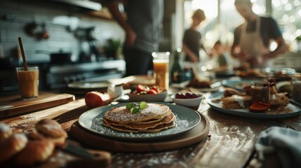 Obraz premium A bright, sunny kitchen with a breakfast table setup featuring a stack of pancakes dusted with powdered sugar and garnished with mint, surrounded by fresh fruit and juice.