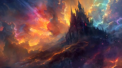 Mystical castle on a hill, bathed in magical light and surrounded by swirling, vibrant mists