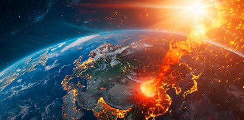 In climate change, the world is overheating due to the sun's extreme heat, an illustration of global warming, temperature increases, and disasters caused by climate change.