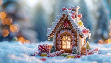 Fototapeta premium Festive Gingerbread House in Snowy Winter Wonderland with Candy Decorations