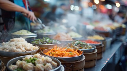Obraz premium An array of colorful and steaming Asian dishes, including noodles, dumplings, and stir-fried vegetables, is artfully displayed on a street market stall, reflecting vibrant culinary culture.