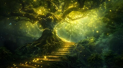 Ethereal forest path leading to a glowing, enchanted tree with luminescent leaves