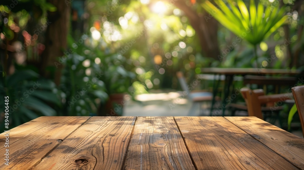 Poster A close-up of a wooden table top in a garden setting with blurry greenery and sunlight in the background.
