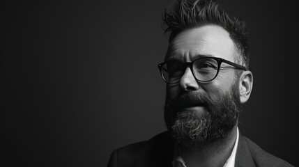 Fototapeta premium Man with beard and glasses in black and white portrait.