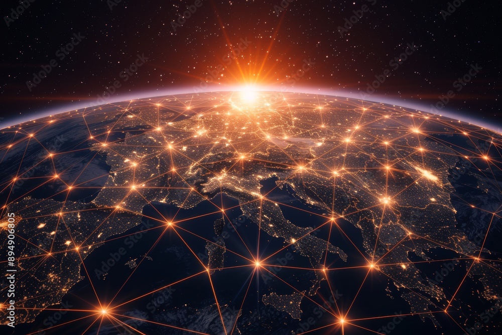 Poster the digital world globe centered on america, the concept of global networking and connectivity on ea