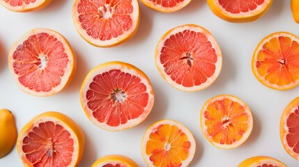 Freshly Cut Grapefruit Slices Arranged on a White Background