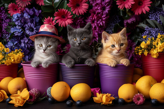 photo de chatons dans des pots de fleurs, mignon et dr&ocirc;le, animal de compagnie