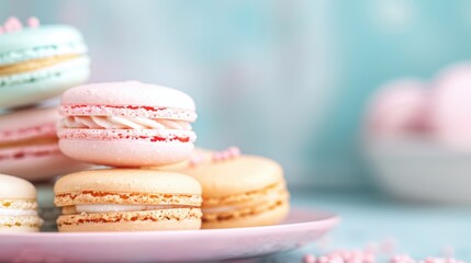 Fototapeta premium A close-up view of pastel-colored macarons placed on a pale pink plate, capturing their intricate details and textures. The background sets a soft bokeh effect, adding charm.