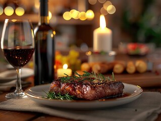 Highangle of a steak dinner with wine, restaurant setting, AIgenerated, cozy and delicious atmosphere