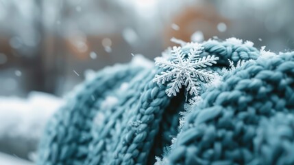 A stunning close-up image of a frozen snowflake sitting on a knitted blue scarf, highlighting the intricate patterns of the snowflake and the cozy texture of the scarf.