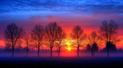 Obraz premium Silhouette of trees against a colorful sky as the sun rises on a misty morning in the countryside.