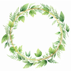 Watercolor green yellow leaves wreath with gold circle