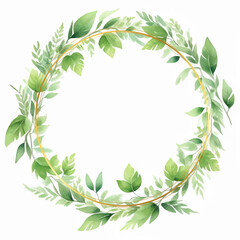 Watercolor green yellow leaves wreath with gold circle