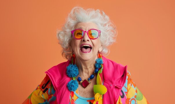 Exuberant Senior Fashionista Radiates Joy: Stylish Grandmother in Neon Attire and Quirky Sunglasses Strikes Glamorous Pose in High-End Studio. Embodying Vibrant Living and Ageless Elegance Through Ecl