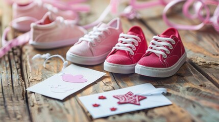 Naklejka premium Infant shoes on a wooden surface with mini pink and red sneakers near cards and invitations