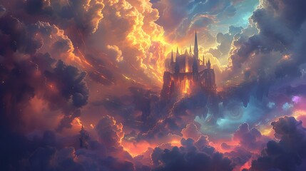 Mystical castle floating in the sky, surrounded by glowing, swirling clouds