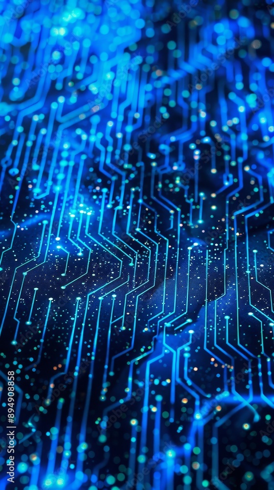 Poster the concept of a quantum computing system with a cyber network grid and connected particles is illus