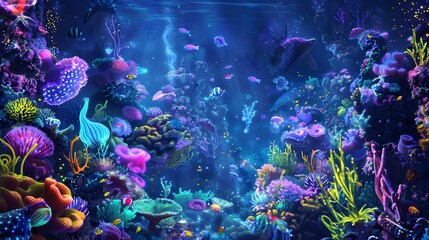 Obraz premium Surreal underwater scene with glowing, fantastical coral reefs and vibrant sea creatures