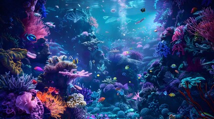 Naklejka premium Surreal underwater scene with glowing, fantastical coral reefs and vibrant sea creatures