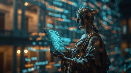 Lady Justice holding a digital book surrounded by glowing data streams symbolizing the integration of traditional legal principles with modern technology and ai
