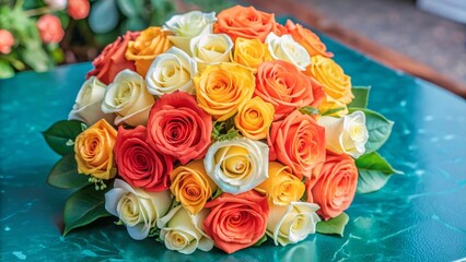 Colorful Rose Bouquet on Teal Background.