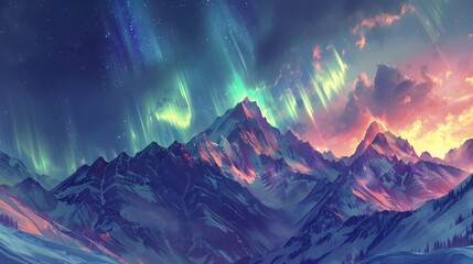 Ethereal mountain range with glowing, colorful auroras dancing across the sky