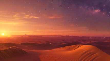 Fototapeta premium Surreal desert with enormous, glowing sand dunes and a radiant, star-filled sky