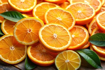 Fototapeta premium Freshly Sliced Oranges and Lemon with Green Leaves.
