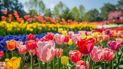 Colorful Tulips Blooming in a Field