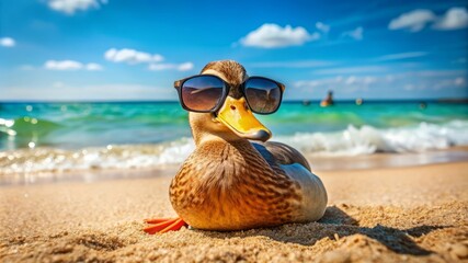 Obraz premium Duck on Beach in Sunglasses.