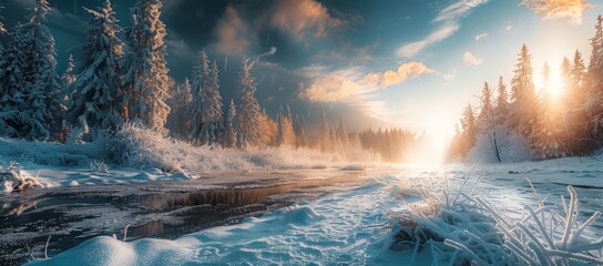 Landscape of a frozen lake surrounded by frost trees in a forest covered with ice and snow at sunrise - Winter seasonal background
