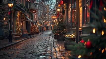 Fototapeta premium Festive Holiday Street with Christmas Lights and Decorated Trees at Dusk