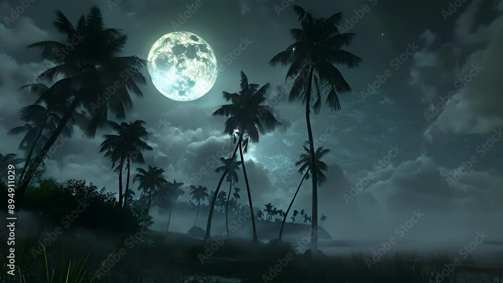 Poster The rustle of palm trees and the distant sound of crashing waves only add to the haunting atmosphere of the ominous beach at night.