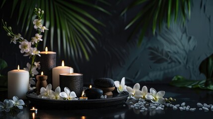 Elegant spa arrangement with floral and candle elements on dark backdrop