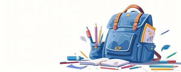 Naklejka premium Blue backpack open with stationery items, flat style illustration on a white background.