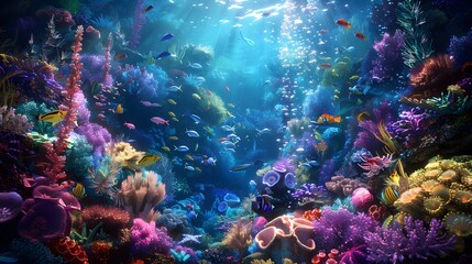 Fototapeta premium Dreamlike underwater kingdom with colorful, glowing sea creatures and shimmering coral reefs