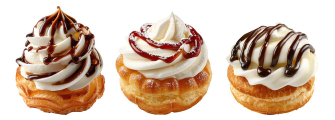 Three cupcakes with different toppings, one with chocolate on a transparent background.