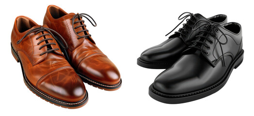 Two shoes, one brown and one black, are shown side by side on a transparent background.