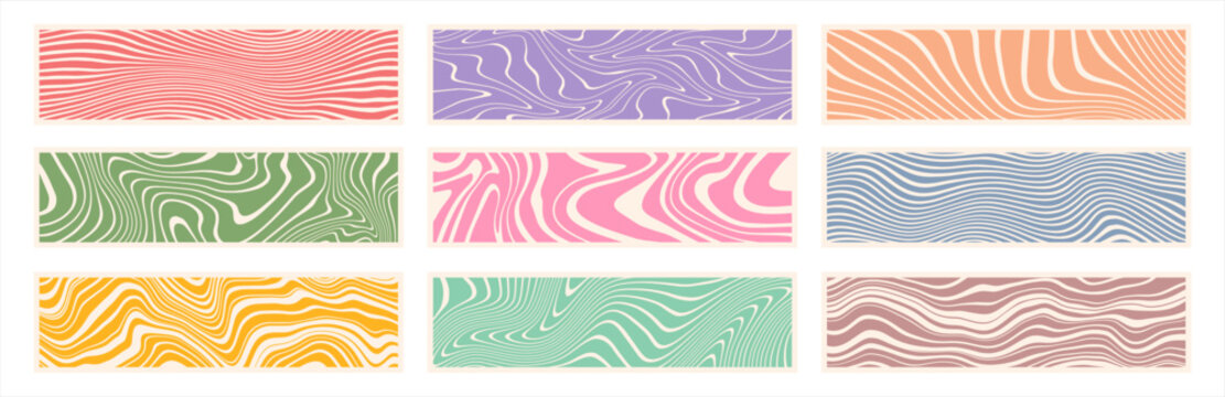 Banners, headers, elongated 4:1 rectangles set. Groovy hand drawn stripes, doodle uneven lines, waves, organic liquid marble stains retro backgrounds collection. Rectangle label, sticker templates.