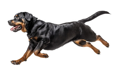 Rottweiler dog in active running jumping position on isolated background