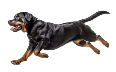 Rottweiler dog in active running jumping position on isolated background