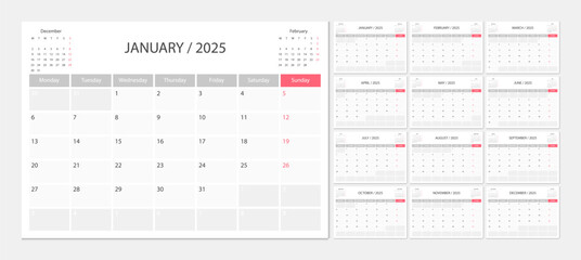 Calendar 2025 week start Monday corporate design planner template.